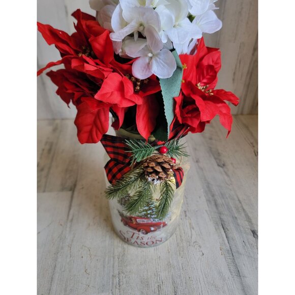 Faux flowers red white 'tis the season glass vase light up Xmas tabletop decor - Picture 2 of 13